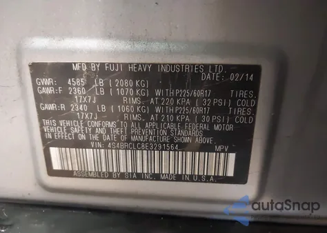 2014 Subaru Outback 2.5I Limited from USA, damaged, VIN 4S4BRCLC8E3291564